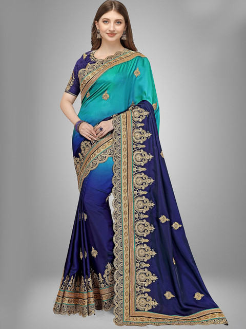 

Trendmalls Blue & Gold-Toned Floral Pure Silk Saree