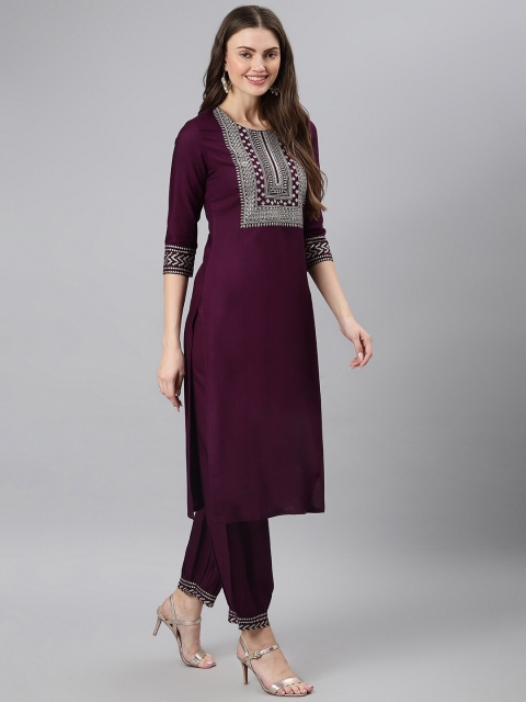

Khushal K Women Purple Ethnic Motifs Yoke Design Kurta with Trouser & With Dupatta