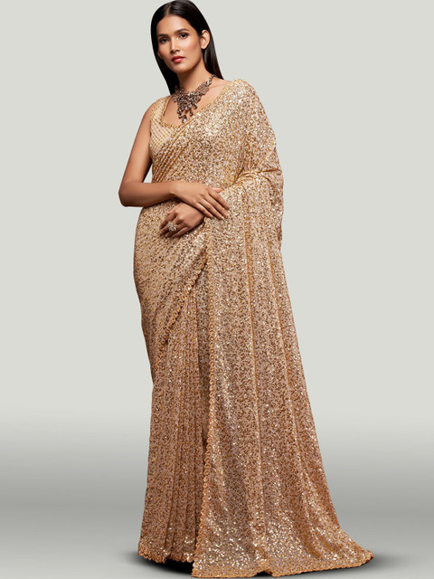 

FABPIXEL Beige & Gold-Toned Embellished Sequinned Pure Georgette Saree