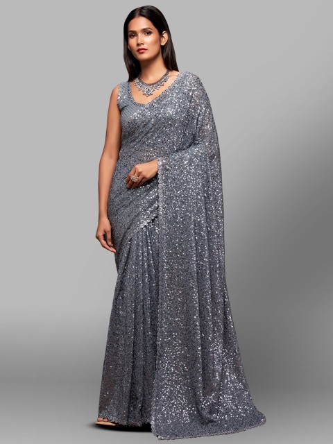 

FABPIXEL Grey & Gold-Toned Embellished Sequinned Pure Georgette Saree