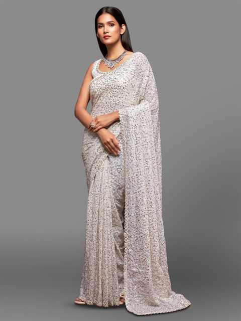 

FABPIXEL White & Silver-Toned Embellished Sequinned Pure Georgette Saree