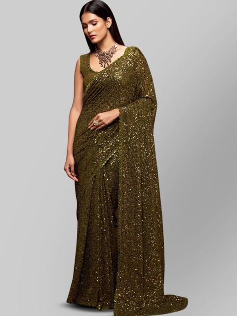 

FABPIXEL Olive Green Embellished Sequinned Pure Georgette Saree