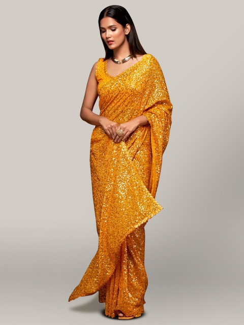 

FABPIXEL Yellow Embellished Sequinned Pure Georgette Saree