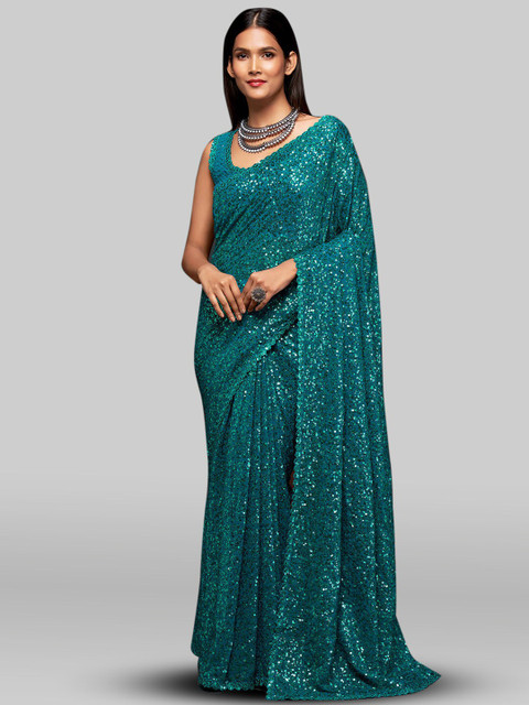 

FABPIXEL Teal & Gold-Toned Embellished Sequinned Pure Georgette Saree With Blouse