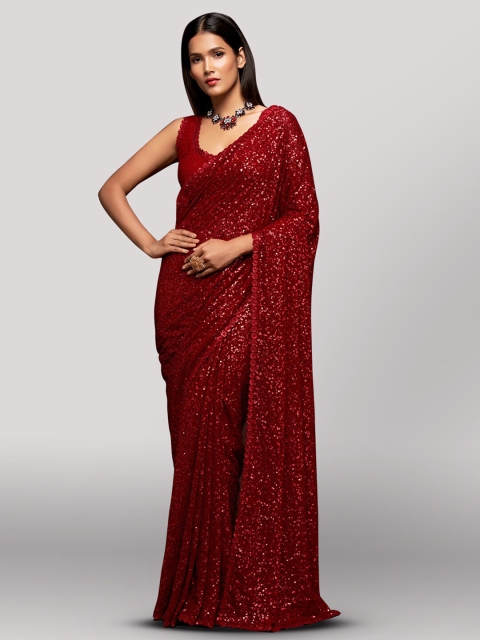 

FABPIXEL Red Embellished Sequinned Pure Georgette Saree