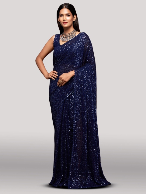 

FABPIXEL Blue Embellished Sequinned Pure Georgette Saree