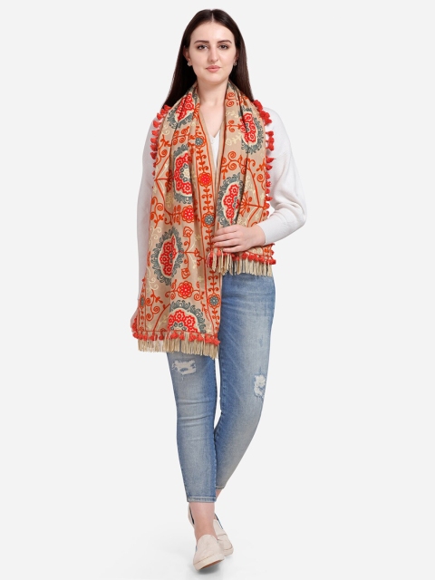 

MESMORA FASHION Women Beige & Orange Ethnic Motifs Embroidered Pure Cotton Dupatta