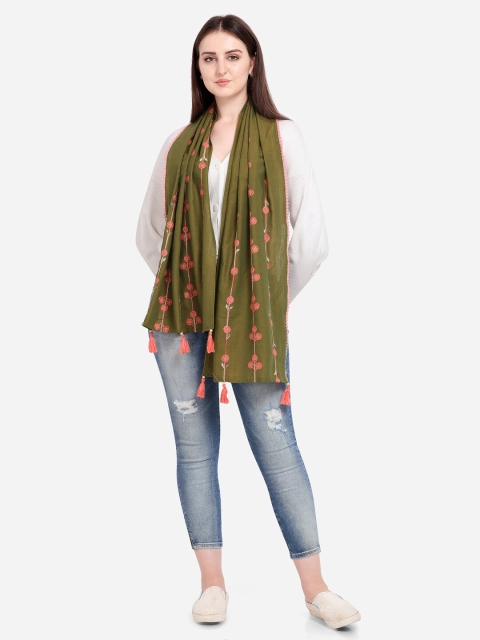 

MESMORA FASHION Women Olive Green Embroidered Stole