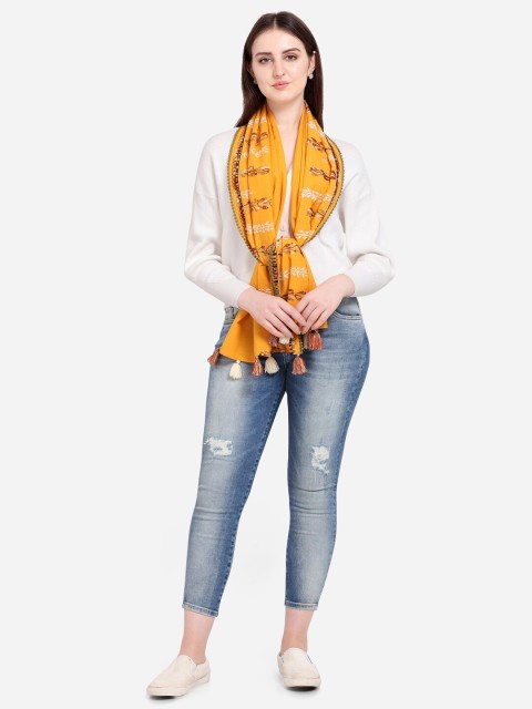 

MESMORA FASHION Women Yellow & Red Embroidered Pure Cotton Dupatta with Thread Work