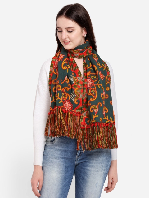 

MESMORA FASHION Women Green & Orange Ethnic Motifs Embroidered Pure Cotton Dupatta