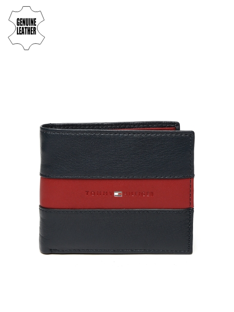 

Tommy Hilfiger Men Navy & Red Colourblocked Two Fold Leather Wallet, Navy blue