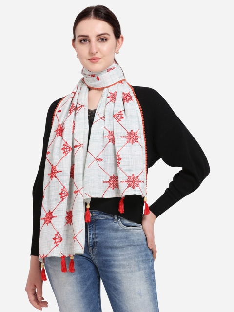 

MESMORA FASHION Women White & Orange Embroidered Cotton Stole