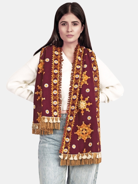 

MESMORA FASHION Maroon & Yellow Embroidered Pure Cotton Dupatta