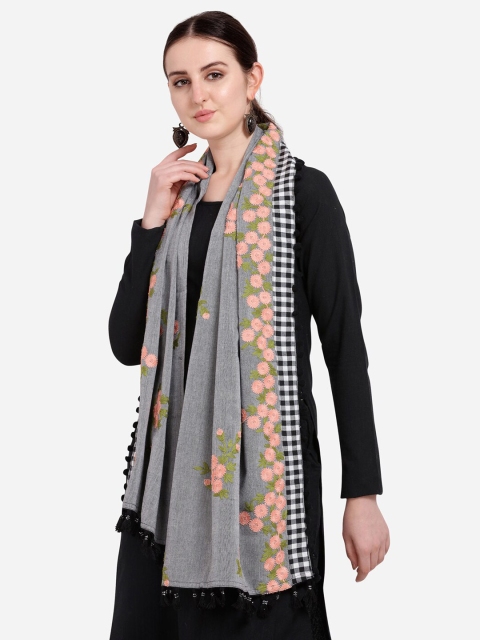 

MESMORA FASHION Grey & Orange Embroidered Pure Cotton Dupatta