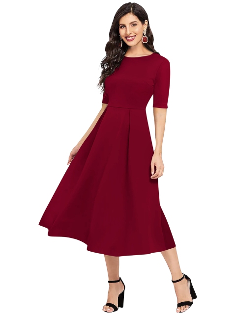 

LONDON BELLY Women Maroon Solid Midi Fit & Flare Dress