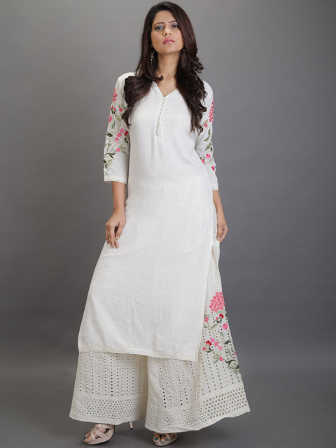 

AUTUMN LANE Women White Floral Embroidered Thread Work Pure Cotton Kurta with Palazzo Set