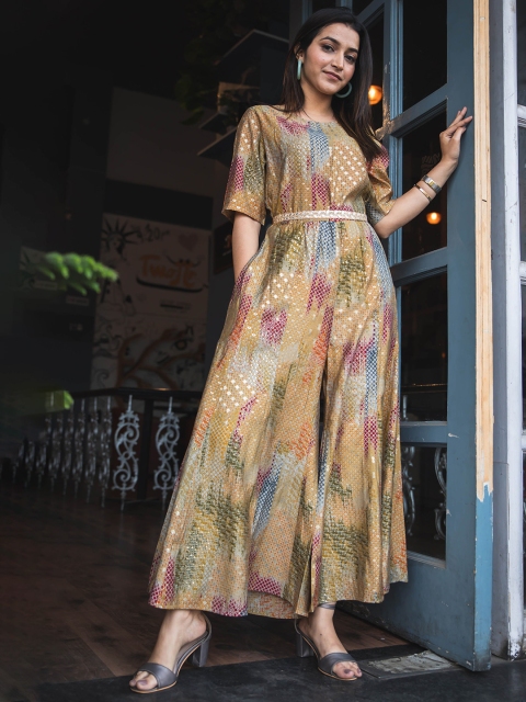 

AUTUMN LANE Silver-Toned & Yellow Printed Jumpsuit with Embellished Handwork Belt
