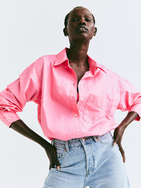

H&M Women Pink Solid Oversized Cotton Shirt