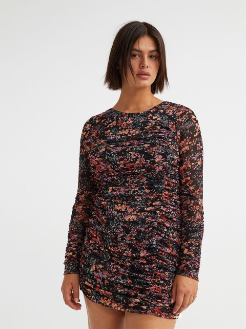 

H&M Women Black Gathered Mesh Dress
