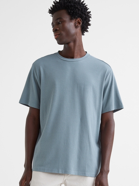 

H&M Men Turquoise Blue Regular Fit Ribbed Cotton T-shirt