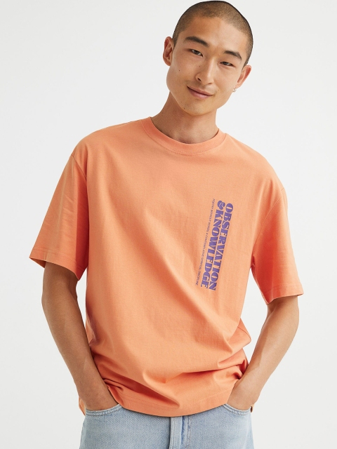 

H&M Men Orange & Blue Typography Printed Pure Cotton T-shirt