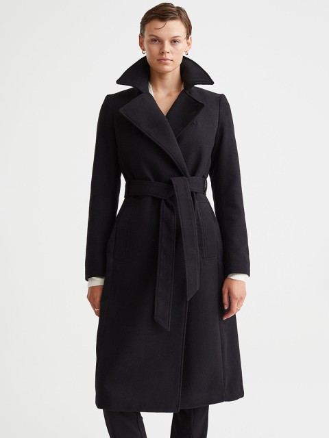

H&M Women Black Tie-Belt Coat