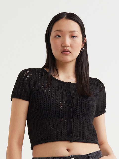 

H&M Women Black Pointelle-Knit Cardigan