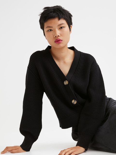 

H&M Women Black Rib-Knit Cardigan