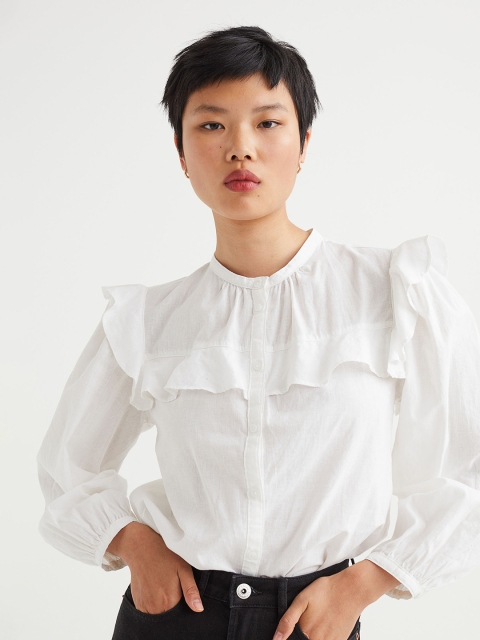 

H&M Women White Flounce-Trimmed Linen-Blend Blouse