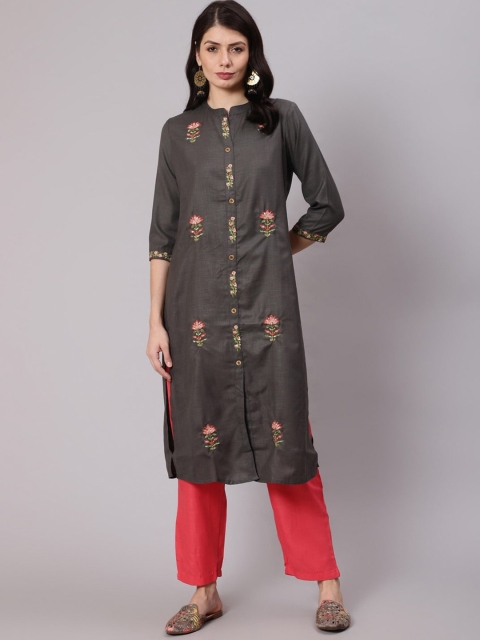

Sangria Women Grey Embroidered Straight Kurta with Trousers