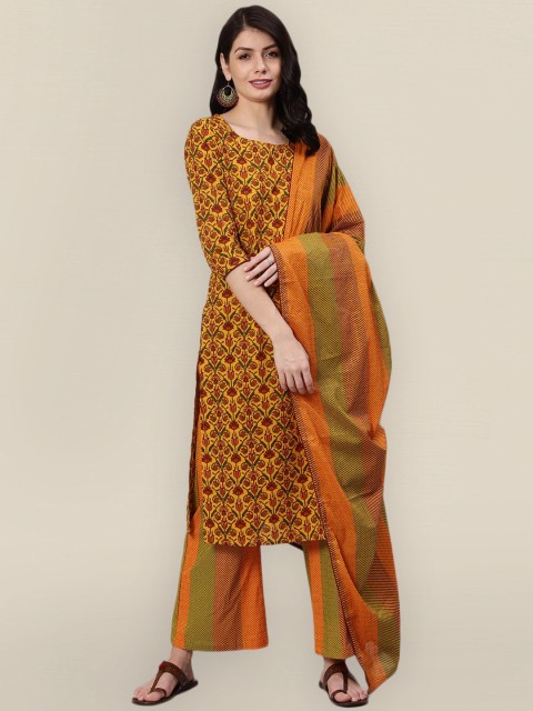 

Sangria Women Mustard Yellow Floral Pure Cotton Kurta with Palazzos & With Dupatta