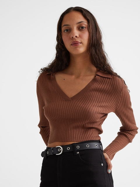 

H&M Brown Collared Rib-Knit Top