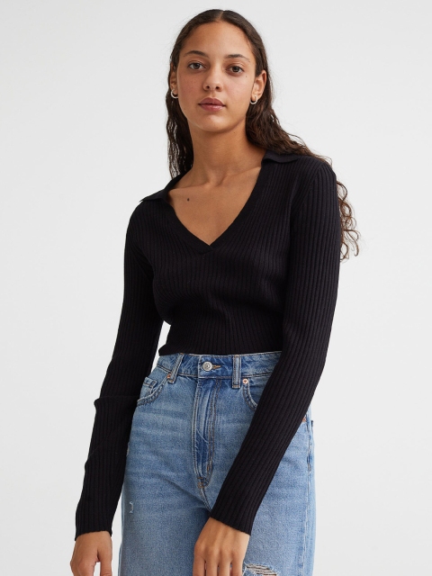 

H&M Women Black Collared Rib-Knit Top