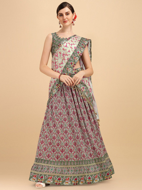 

Fab Dadu Green & Red Printed Semi-Stitched Lehenga & Unstitched Blouse With Dupatta