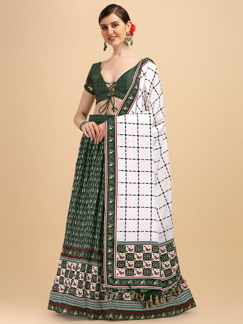 

Fab Dadu Olive Green & White Printed Semi-Stitched Lehenga & Unstitched Blouse With Dupatta
