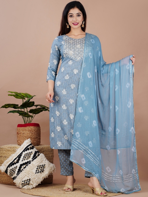 

Kesarya Women Blue Floral Embroidered Sequinned Kurta with Trousers & With Dupatta