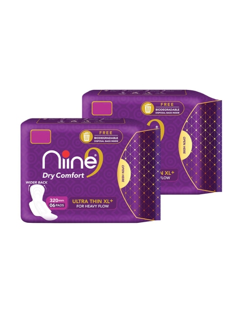 

Niine Set of 2 Dry Comfort Ultra Thin XL+ 320mm Sanitary Pads For Heavy Flow - 6 Pads Each, Purple