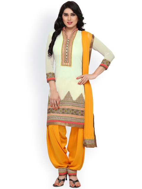 

Kvsfab White & Yellow Silk Georgette Unstitched Dress Material