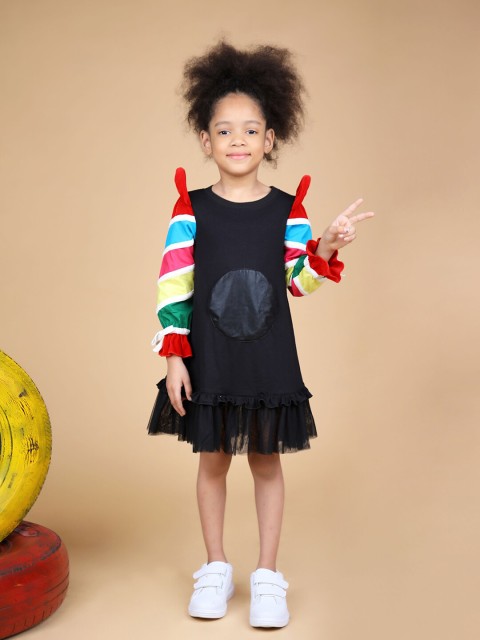 

Beyabella Black & Blue Striped Applique Drop-Waist Dress