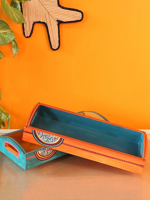 

ExclusiveLane Set Of 2 Blue & Orange Hand-Painted Wooden Runner Trays