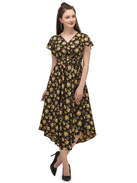 

MESMORA FASHION Coffee Brown & Yellow Floral Maxi Wrap Dress