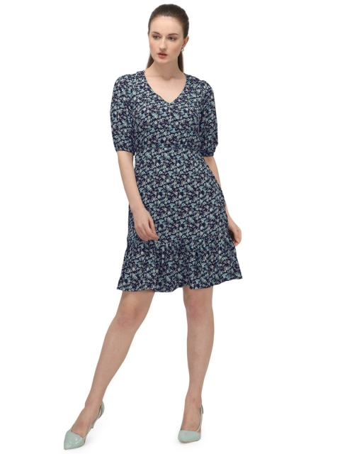 

MESMORA FASHION Women Blue Floral V-Neck Cocktail Dress