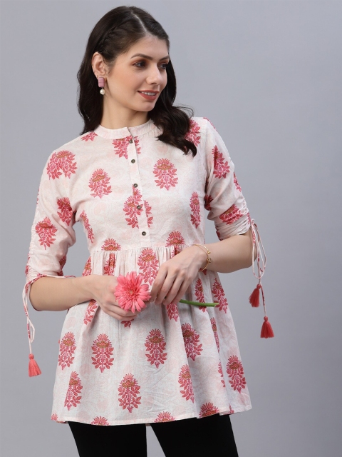 

Ragavi Pink Print Mandarin Collar Longline Top