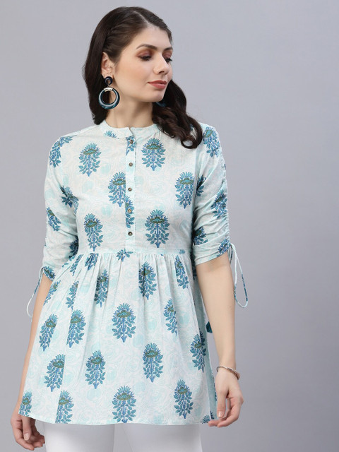 

Ragavi Women Blue Printed Mandarin Collar Empire Longline Top