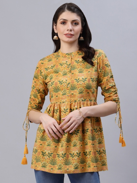 

Ragavi Yellow & Green Floral Print Mandarin Collar Cotton Longline Top