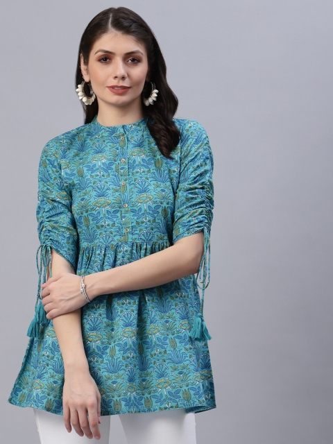 

Ragavi Blue Floral Print Mandarin Collar Empire Top