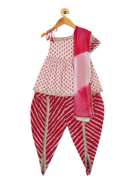 

Ka-mee Girls Pink Ethnic Motifs Printed Panelled Pure Cotton Kurti with Dhoti Pants & Dupatta