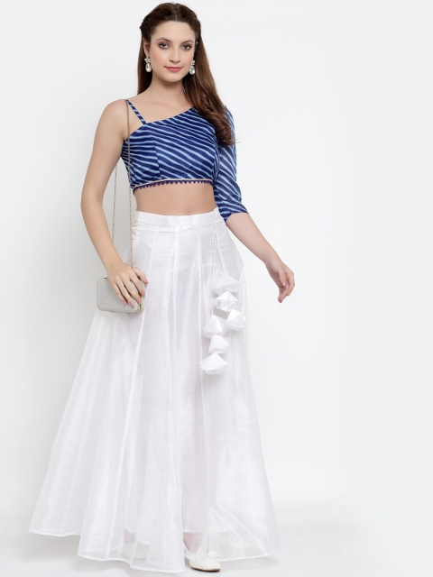 

NEUDIS Women White & Blue Solid Organza Flared Maxi Lehenga Skirt With Top