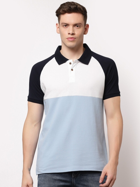 

Kalt Men Blue & White Colourblocked Polo Collar T-shirt