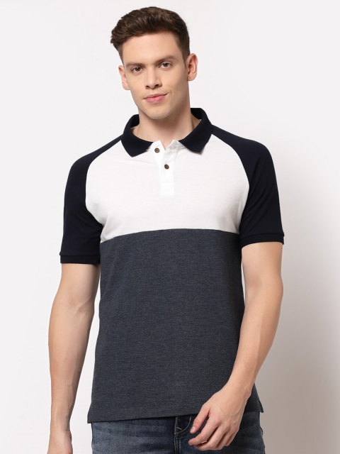 

Kalt Men Navy Blue & White Colourblocked Polo Collar T-shirt